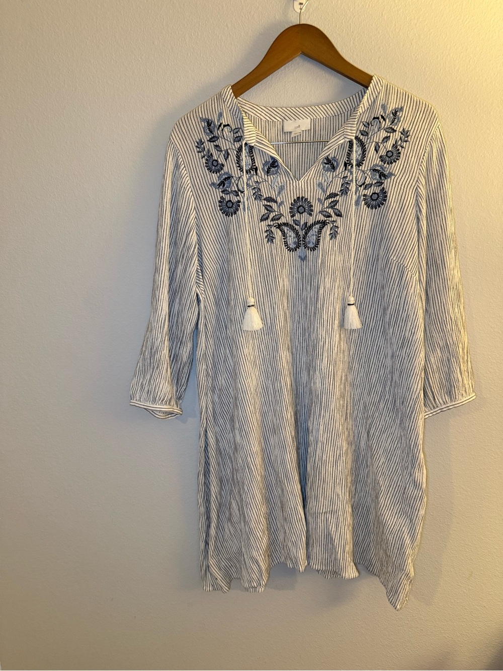 J. Jill Cream and Navy Striped Top with Embroidered Neckline - Picture 2 of 11
